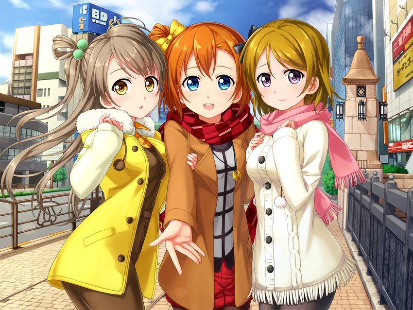 3girls akihabara_(tokyo) blonde_hair blue_eyes blue_sky blush bow brown_dress building cloud coat commentary_request day dress eien_friends fence hair_bobbles hair_ornament hairbow highres koizumi_hanayo kosaka_honoka light_brown_hair long_hair long_sleeves looking_at_viewer love_live! love_live!_school_idol_project manseibashi minami_kotori multiple_girls one_side_up open_clothes open_coat open_mouth outdoors pantyhose pavement photoshop_(medium) printemps_(love_live!) purple_eyes real_world_location road scarf shirt skirt sky smile street tokyo_(city) tucana winter_clothes yellow_eyes