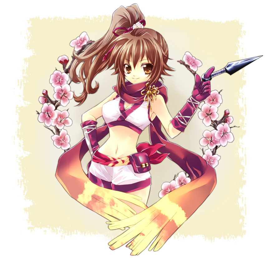 bad_id bad_pixiv_id brown_eyes brown_hair cherry_blossoms female high_side_ponytail highres kunai kunoichi_(sengoku_musou) midriff scarf sengoku_musou side_ponytail smile solo su_(pixiv44447) weapon