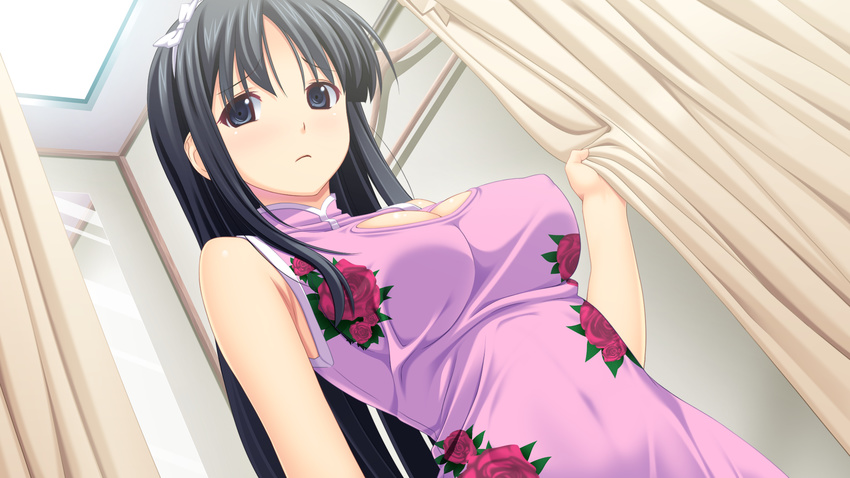 bare_shoulders black_eyes black_hair breasts bust cleavage cleavage_cutout erect_nipples female fukami_nagisa game_cg hair_ribbon highres koutaro long_hair ribbon solo standing tropical_kiss tropical_vacation twinkle_(company) twinkle_soft upper_body