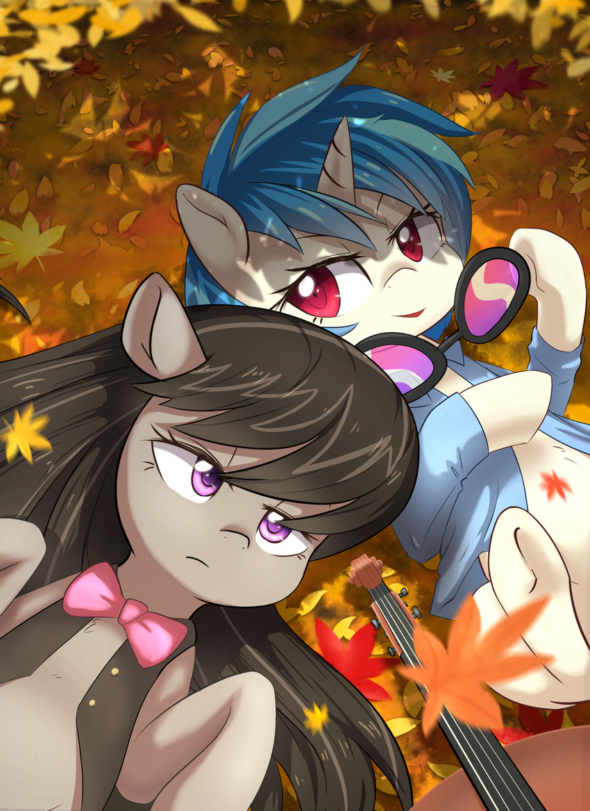 2015 autumn aymint black_hair blue_hair bow_(feature) bow_tie bowed_string_instrument cello clothing detailed_background duo earth_pony equid equine eyebrows eyelashes eyewear female feral friendship_is_magic frown glasses hair hasbro hi_res horn horse leaf looking_at_viewer lying makeup mammal mascara mostly_nude musical_instrument my_little_pony mythological_creature mythological_equine mythology octavia_(mlp) on_back open_mouth open_smile outside pony portrait purple_eyes shirt short_hair smile string_instrument topwear unicorn vest vinyl_scratch_(mlp)