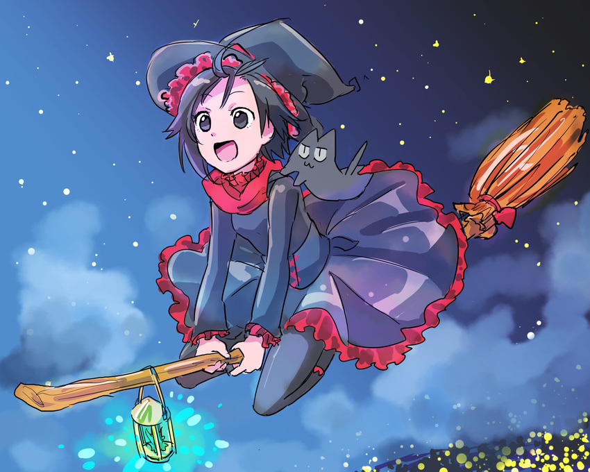 animal animal_on_shoulder black_cat broom broom_riding city_lights commentary_request feline female flying hat highres lantern moromoimaru night night_sky ruby_rose rwby sky star_(sky) starry_sky witch_hat