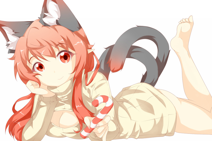 alternate_costume alternate_hairstyle animal_ears ass bottomless breasts candy candy_cane cat_ears cat_tail cleavage cleavage_cutout clothing_cutout commentary_request extra_ears female food kaenbyou_rin large_breasts leg_up long_hair long_sleeves looking_at_viewer lying meme_attire multiple_tails naked_sweater nekomata on_stomach open-chest_sweater pointy_ears psychopath_idiot red_eyes red_hair ribbed_sweater smile solo sweater tail the_pose touhou turtleneck