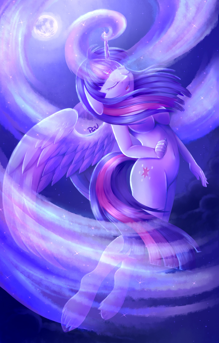 2017 absurd_res alicorn anthro breasts censored censored_nipples closed_eyes cloud convenient_censorship cutie_mark equid equine eyelashes feathered_wings feathers female floating friendship_is_magic full-length_portrait hair hasbro hi_res hooves horn magic mammal midair moon multicolored_hair my_little_pony mythological_creature mythological_equine mythology navel night nude open_mouth outside piiunivers portrait signature sky solo sparkles spiral star tongue twilight_sparkle_(mlp) wings