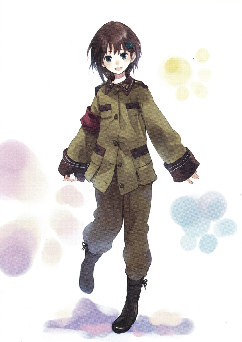 :d armband blue_eyes brown_hair female hair_ornament happy helvetian_military_uniform highres kishida_mel military military_uniform open_mouth paint.net_(medium) scan smile solo sora_no_woto sorami_kanata uniform