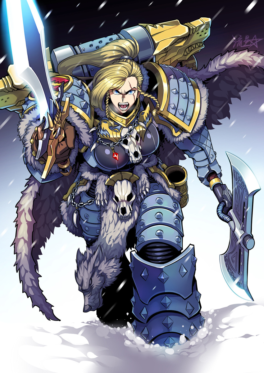 adeptus_astartes armor axe battle_axe blonde_hair blue_eyes boobplate braid breasts cape chain_necklace chains commentary dual_wielding english_commentary fangs female full_armor full_body fur_cape fur_trim gauntlets genderswap_(mtf) hair_pulled_back helwinter highres holding jewelry large_breasts leman_russ long_hair looking_at_viewer mjalnar necklace pauldrons pelvic_curtain pendant ponytail power_armor primarch rule_63 ryuusei_(mark_ii) scar scar_across_eye scar_on_face shoulder_armor side_braids snow snowing solo space_wolves spiked_armor sword tankard tooth_necklace warhammer_40k weapon