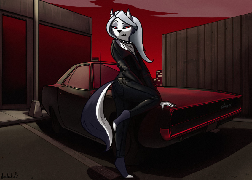 anthro apocheck13 canid canid_demon car city city_background clothing demon female hellhound helluva_boss looking_away loona_(vivzmind) mammal parking_lot solo street_lamp vehicle