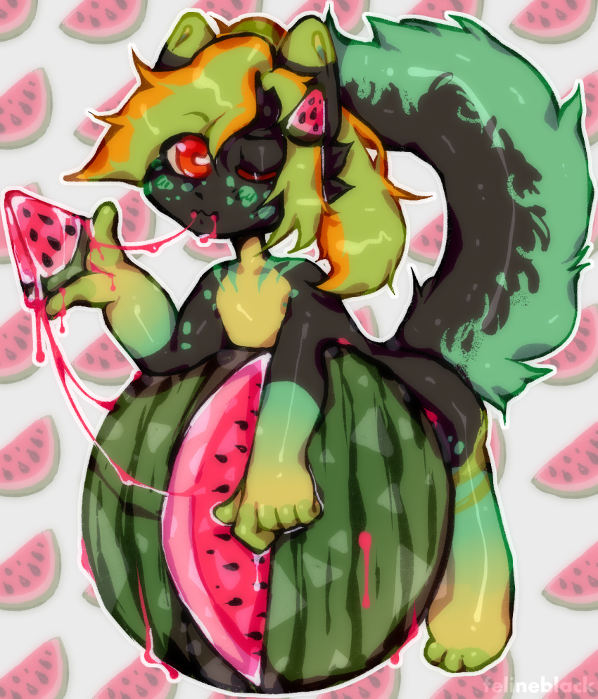 accessory anthro felineblack_(artist) female food food_in_mouth fruit glistening glistening_body green_body hair_accessory hairpin hi_res juice_(beverage) juice_(disambiguation) melon plant solo watermelon watermelon_slice