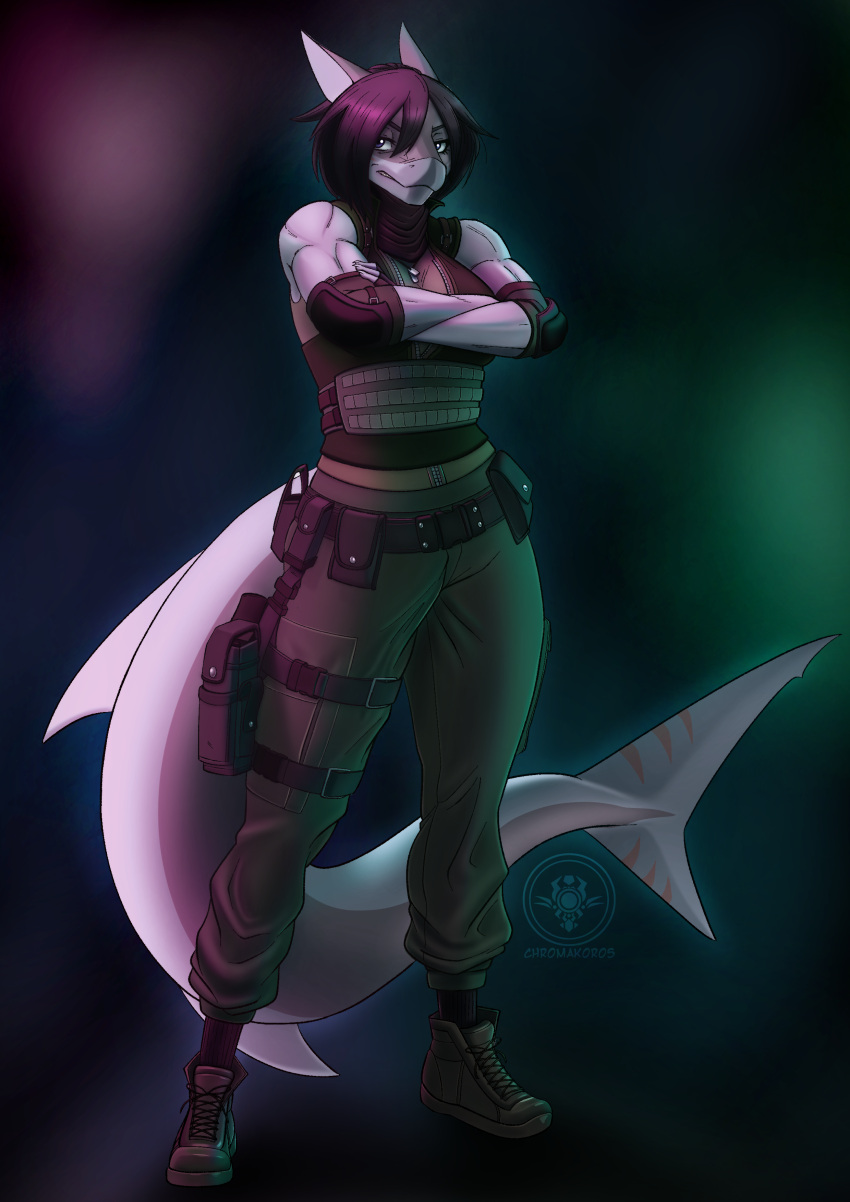 absurd_res anthro belt_pouch black_hair boots chromakoros clothed clothing combat_boots crossed_arms dog_tags elbow_pads female fish footwear grey_body gun hair hi_res marine muscular natalie_(pipthecowboy) ranged_weapon scarf shark sneer solo stripes weapon