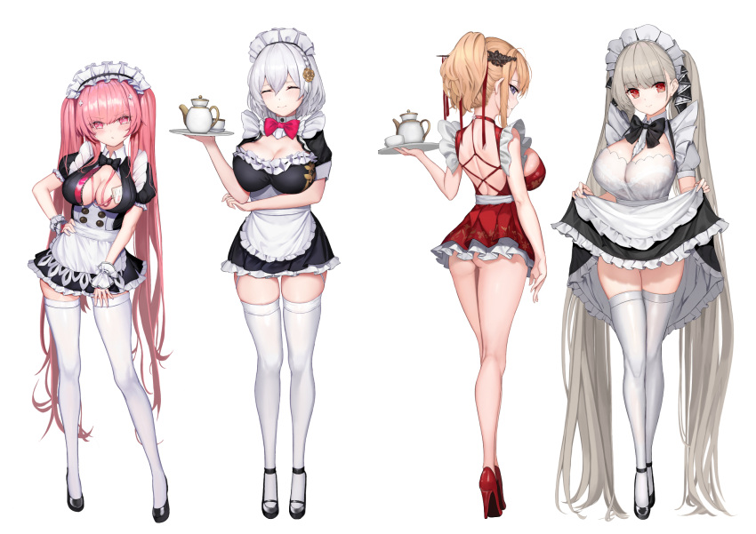 4girls ^_^ absurdly_long_hair alternate_costume ass azur_lane back between_breasts black_footwear blonde_hair blush bow bowtie breasts cleavage closed_eyes creator_connection cup enmaided formidable_(azur_lane) frills glorious_(azur_lane) grey_hair hair_ornament high_heels highres large_breasts long_hair maid maid_headdress multiple_girls perseus_(azur_lane) pink_eyes pink_hair ponytail purple_eyes red_eyes red_footwear short_hair sirius_(azur_lane) smile solaris_(sinhyg) teacup teapot thighhighs thighs tray twintails very_long_hair white_thighhighs wrist_cuffs