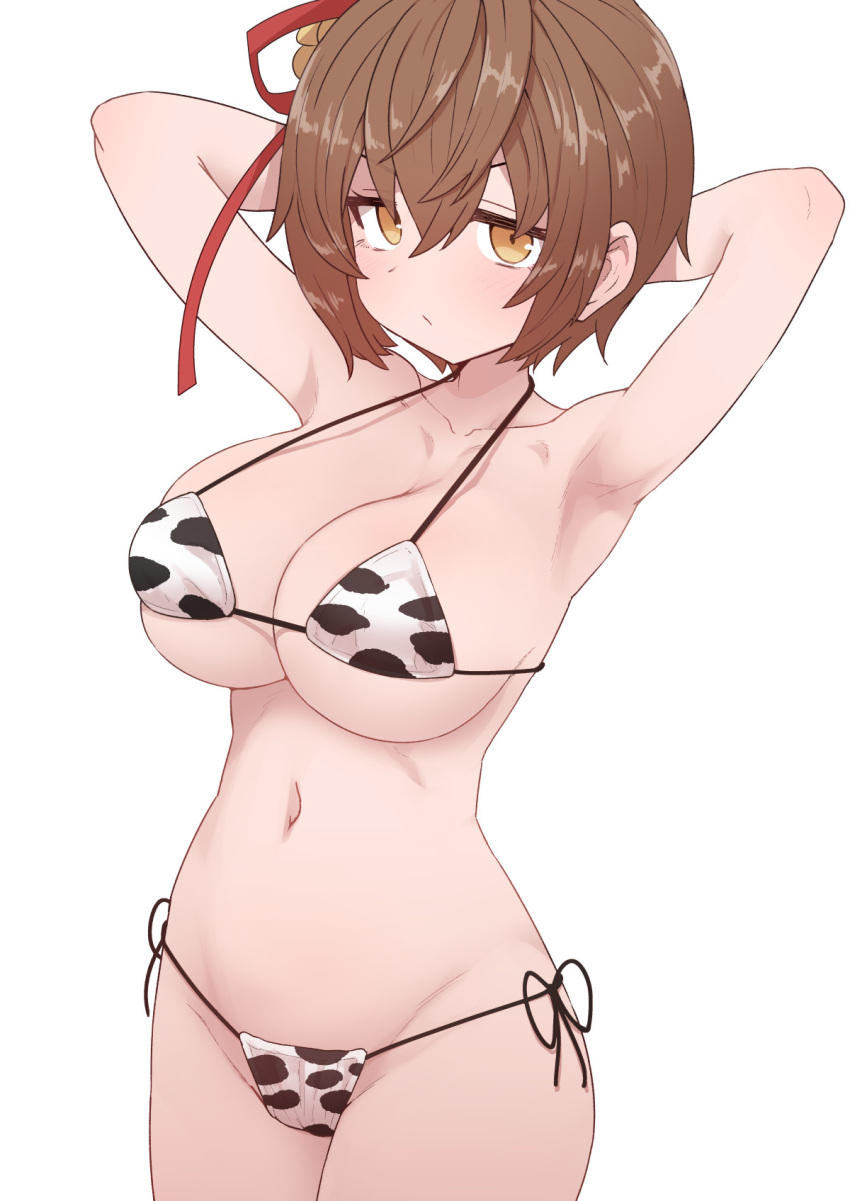 animal_print arms_up bad_id bad_twitter_id bare_shoulders bikini blush breasts brown_hair cleavage closed_mouth collarbone cow_print cow_print_bikini cowboy_shot female groin hair_between_eyes halterneck highres huge_breasts looking_at_viewer megido72 micro_bikini navel pout print_bikini short_hair side-tie_bikini_bottom sidelocks simple_background solo standing stolas_(megido72) string_bikini sumiyao_(amam) swimsuit v-shaped_eyebrows white_background yellow_eyes