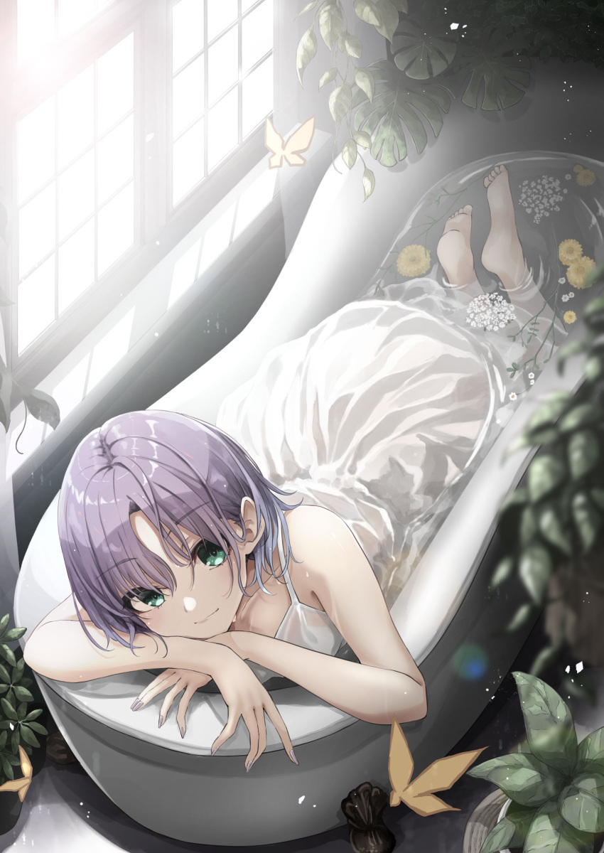 absurdres asakura_toru barefoot bath bathing bathtub blue_eyes bug butterfly claw_foot_bathtub dress female flower fuu_(fuore) highres idolmaster idolmaster_shiny_colors looking_at_viewer plant purple_hair slipper_bathtub solo sunlight water wet wet_clothes wet_dress white_dress window