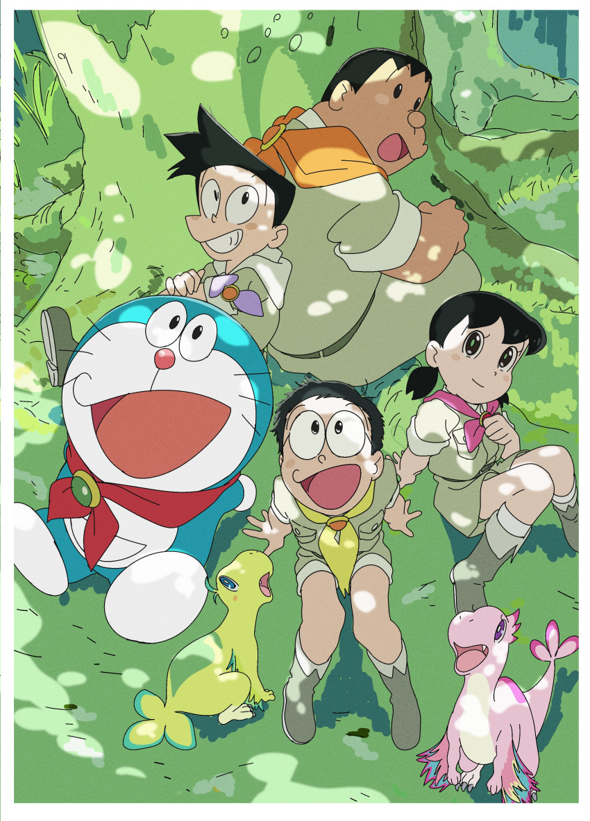 3boys absurdres archaeopteryx arm_support black_hair blush dinosaur doraemon doraemon_(character) female glasses gouda_takeshi highres honekawa_suneo jacket kojima_takashi minamoto_shizuka multiple_boys nobi_nobita open_mouth safari_jacket shorts sitting smile twintails