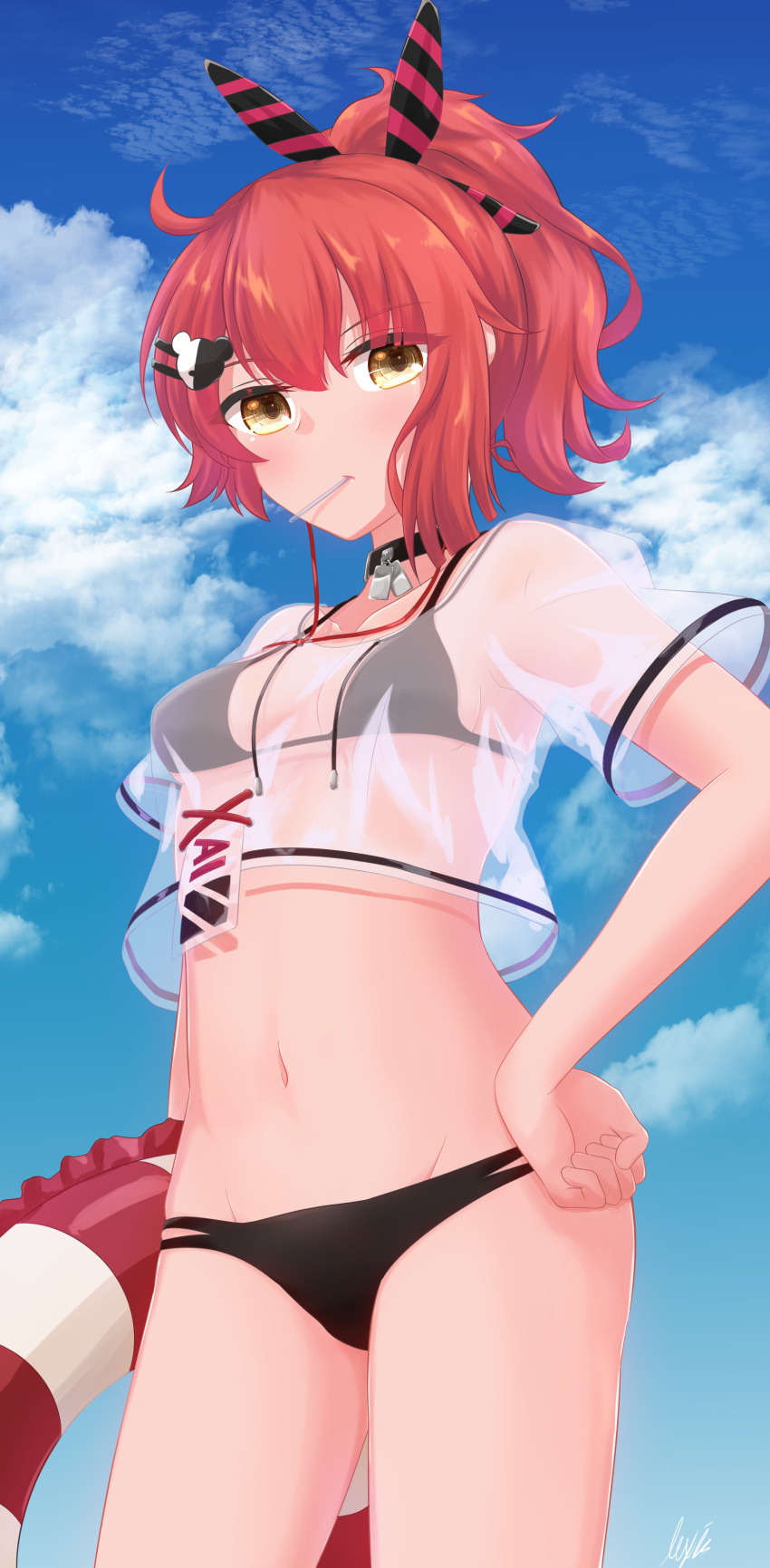 absurdres bikini black_bikini black_choker breasts candy choker commentary_request commission cowboy_shot crop_top crop_top_overhang female food girls'_frontline groin hand_on_own_hip high_ponytail highres lexis_yayoi lollipop looking_at_viewer medium_breasts medium_hair mp7_(girls'_frontline) mp7_(lollipop_ammo)_(girls'_frontline) multi-strapped_bikini navel no_pants official_alternate_costume outdoors red_hair see-through short_sleeves skeb_commission solo stomach string_bikini swimsuit yellow_eyes