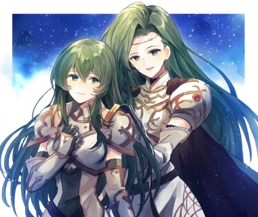 2girls annand_(fire_emblem) armor black_gloves breastplate elbow_gloves erinys_(fire_emblem) fantasy fire_emblem fire_emblem:_genealogy_of_the_holy_war gloves green_eyes green_hair hair_behind_ear hand_on_own_chest hands_on_another's_shoulders headband highres kro looking_at_viewer multiple_girls open_mouth protected_link siblings sisters smile