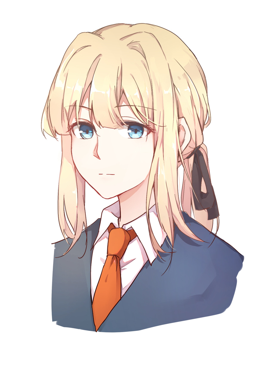 :| blonde_hair blue_eyes close-up closed_mouth collared_shirt commentary female gemi_25 hair_between_eyes hair_intakes hair_ornament hair_ribbon highres long_hair looking_at_viewer necktie red_necktie ribbon shirt sidelocks simple_background solo symbol-only_commentary upper_body violet_evergarden violet_evergarden_(series) waistcoat white_background white_shirt