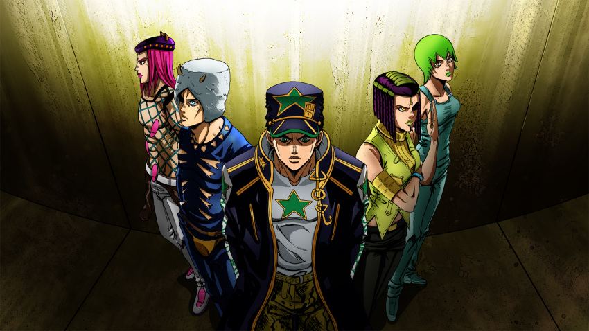 2girls 3boys arm_guards black_hair black_pants blue_eyes bracelet camouflage camouflage_pants chains commentary_request dreadlocks ermes_costello fisheye fishnets foo_fighters_(jojo) from_above full_body fur_hat gakuran gold_trim green_eyes green_hair hand_up hands_in_pockets hat highres horned_hat horns jewelry jojo_no_kimyou_na_bouken kujo_jotaro looking_at_viewer looking_away multicolored_hair multiple_boys multiple_girls nami_yo_kiite_kure narciso_anasui overalls pants parody pie_na_yidao pink_hair pink_lips school_uniform shirt sleeveless sleeveless_turtleneck standing star_(symbol) star_print stone_ocean sweater turtleneck turtleneck_sweater two-tone_hair wall weather_report white_pants white_shirt yellow_eyes yellow_sweater