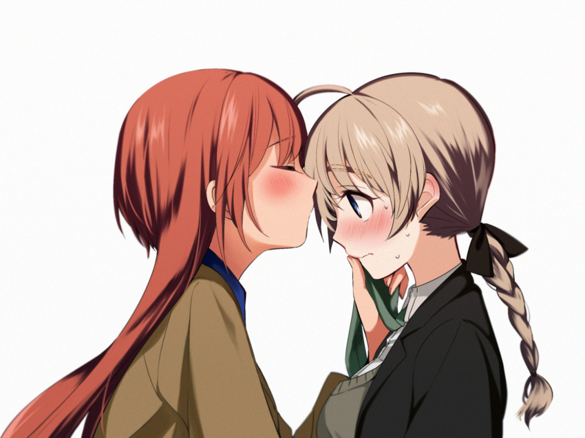 2girls ahoge black_jacket black_ribbon blue_shirt blush braid braided_ponytail brown_jacket closed_eyes closed_mouth commentary dress_shirt frown green_necktie grey_sweater hair_ribbon hand_on_another's_face highres jacket kissing kissing_forehead long_hair looking_at_another lynette_bishop military military_uniform multiple_girls necktie necktie_grab neckwear_grab patricia_schade red_hair ribbon shirt simple_background single_braid strike_witches strike_witches:_kurenai_no_majo-tachi sweatdrop sweater tamasaki_tama uniform white_background white_shirt world_witches_series yuri