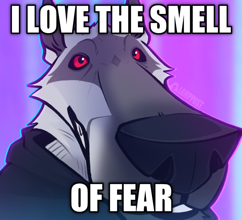 2023 anthro artist_name big_nose big_snout black_sclera bust_portrait canid canine canis cloak close-up clothed clothing death_(puss_in_boots) dialogue do_it_stink dreamworks english_text fur grey_body grey_fur hi_res humor icon image_macro impact_(font) lampp0st lol_comments male mammal meme portrait purple_background puss_in_boots_(dreamworks) reaction_image red_eyes redraw simple_background smile snout solo teeth text tuft wolf