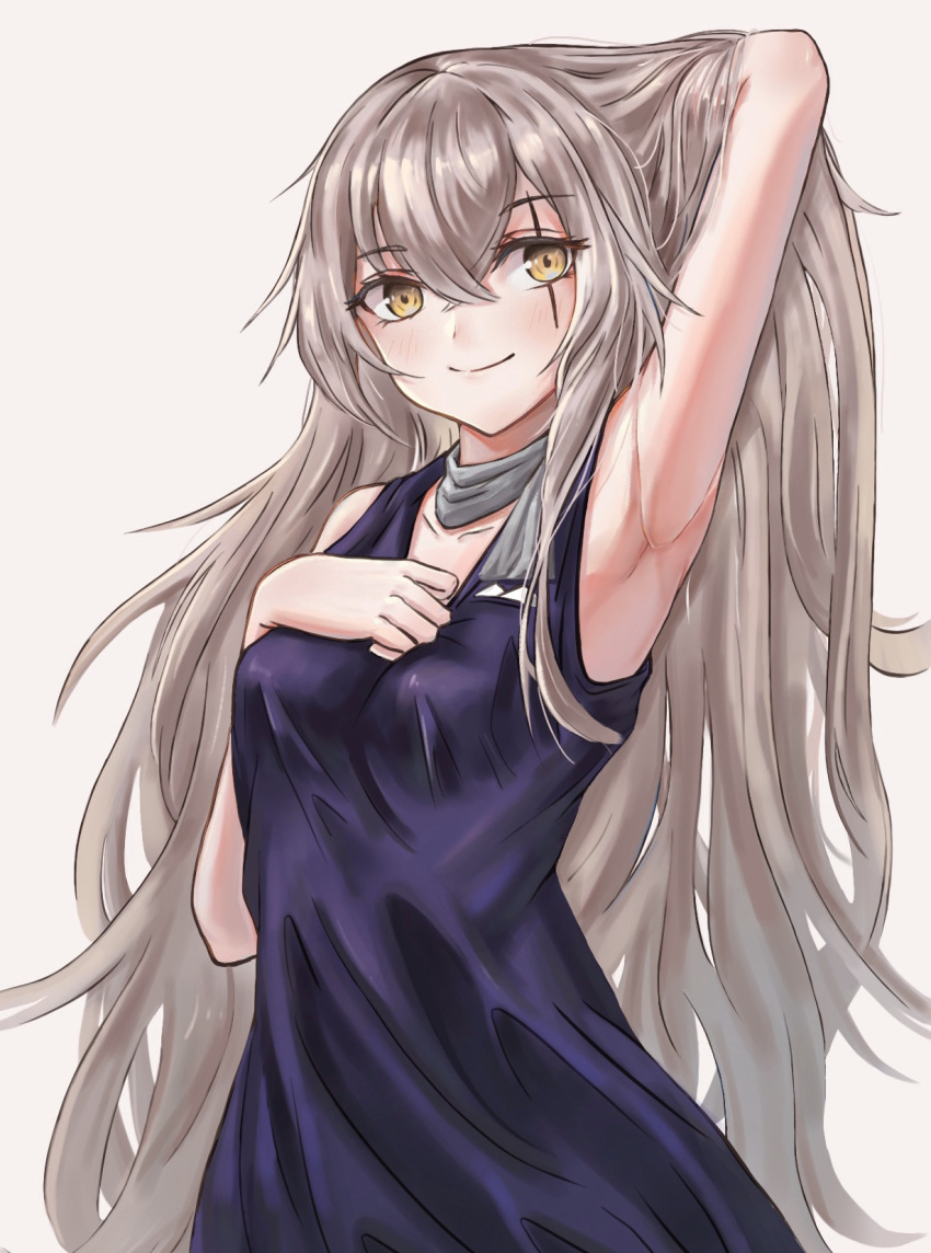 alternate_costume alternate_hairstyle arm_up armpits bad_id bad_pixiv_id blush breasts closed_mouth collarbone commentary_request dage dress female girls'_frontline grey_background grey_hair grey_scarf hair_between_eyes highres long_hair looking_at_viewer official_alternate_costume purple_dress scar scar_across_eye scar_on_face scarf sidelocks simple_background sleeveless sleeveless_dress small_breasts smile solo ump45_(diamond_flower)_(girls'_frontline) ump45_(girls'_frontline) yellow_eyes