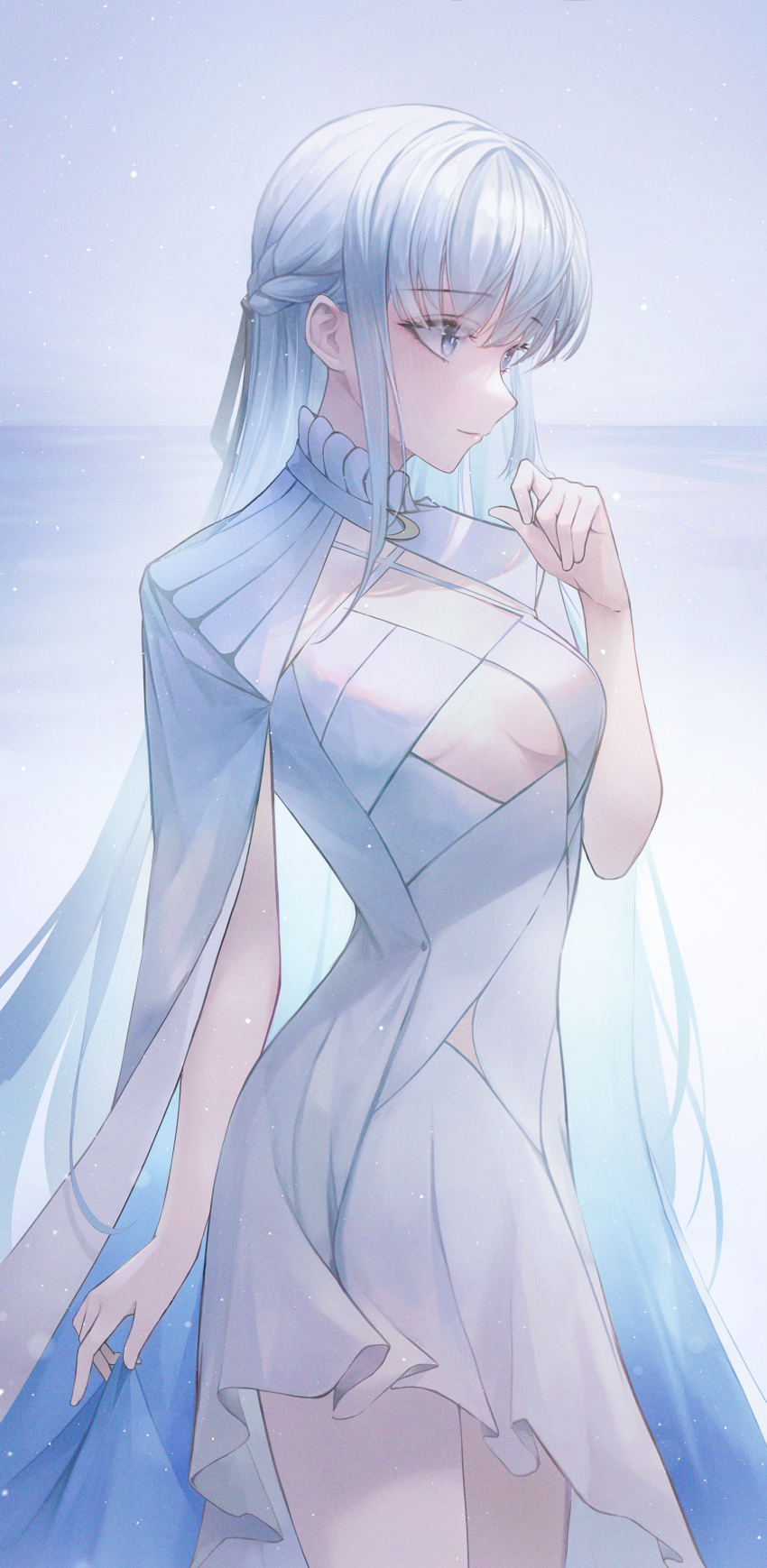 absurdres aurora_(grimlight) blue_theme braid breasts cleavage commentary crescent crystalherb dress female grey_eyes grimlight hair_ribbon hand_up highres light_particles long_hair outdoors ribbon small_breasts smile solo standing symbol-only_commentary very_long_hair white_dress white_hair