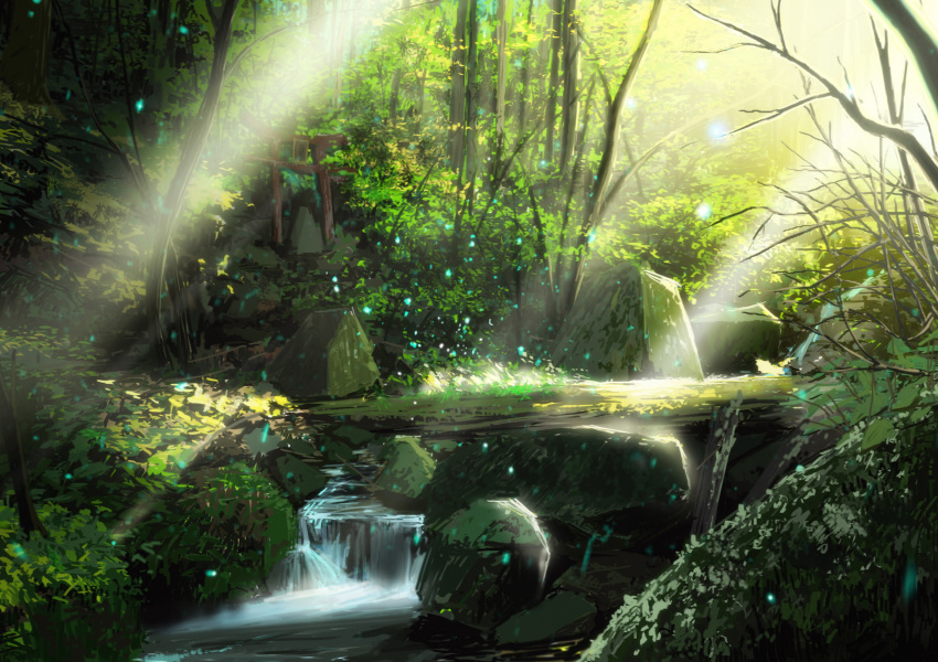 absurdres bamboo bamboo_forest branch commentary dappled_sunlight forest grass highres light light_particles light_rays nature no_humans original outdoors pajaman petals rock scenery shadow stream summer sunlight torii water waterfall