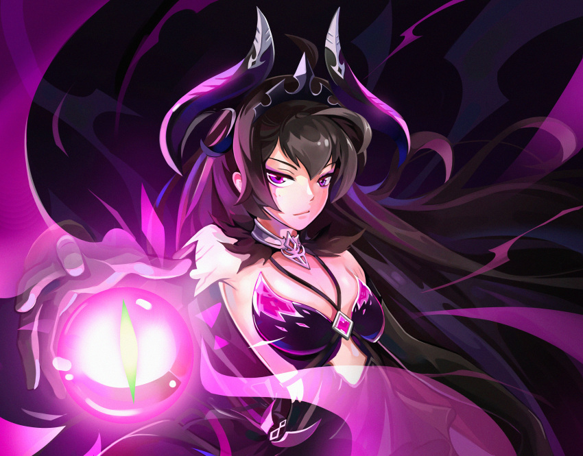 absurdres bad_id bad_pixiv_id black_hair energy_ball epic_seven female flat_chest floating_hair highres long_hair looking_at_viewer open_hand purple_eyes solo specter_tenebria_(dark_tyrant)_(epic_seven) specter_tenebria_(epic_seven) tdh123 tenebria_(epic_seven)