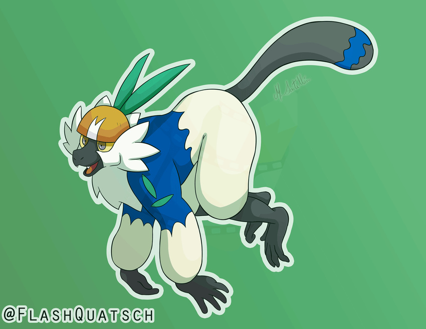 5_fingers 5_toes ambiguous_gender armor fangs feet fingers flashquatsch fur generation_7_pokemon green_background headgear helmet multicolored_body multicolored_fur nintendo orange_eyes passimian pokemon pokemon_(species) shiny_pokemon simple_background solo tail teeth toes