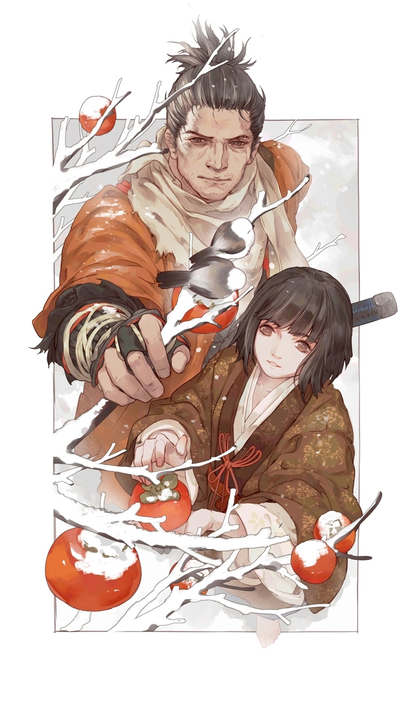 2boys androgynous barefoot bird black_hair black_shirt blunt_bangs border brown_eyes brown_kimono brown_scarf closed_mouth coat commentary_request facial_hair food from_above fruit gloves grey_hair highres japanese_clothes katana kimono kuro_the_divine_heir layered_sleeves long_sleeves looking_at_viewer looking_up male_focus multiple_boys orange_coat outside_border print_kimono reaching red_ribbon ribbon sash scarf sekiro sekiro:_shadows_die_twice shirt short_hair snow sword topknot torn_clothes torn_coat torn_scarf vetania weapon white_border white_kimono