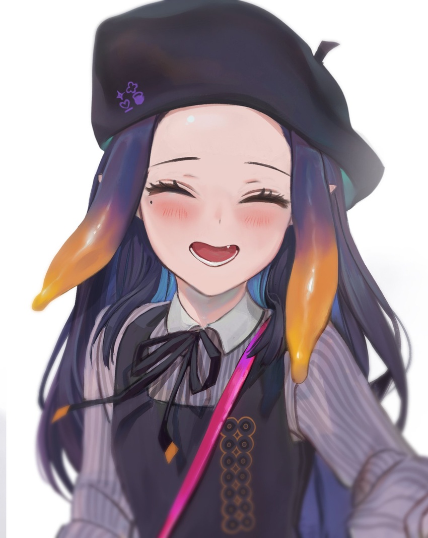 artofkuzu beret blush closed_eyes english_commentary female forehead gradient_hair happy hat highres hololive hololive_english long_hair lower_teeth_only mole mole_under_eye multicolored_hair ninomae_ina'nis ninomae_ina'nis_(casual) oerba_yun_fang official_alternate_hairstyle open_mouth orange_hair pointy_ears purple_hair sidelocks solo teeth tentacle_hair virtual_youtuber