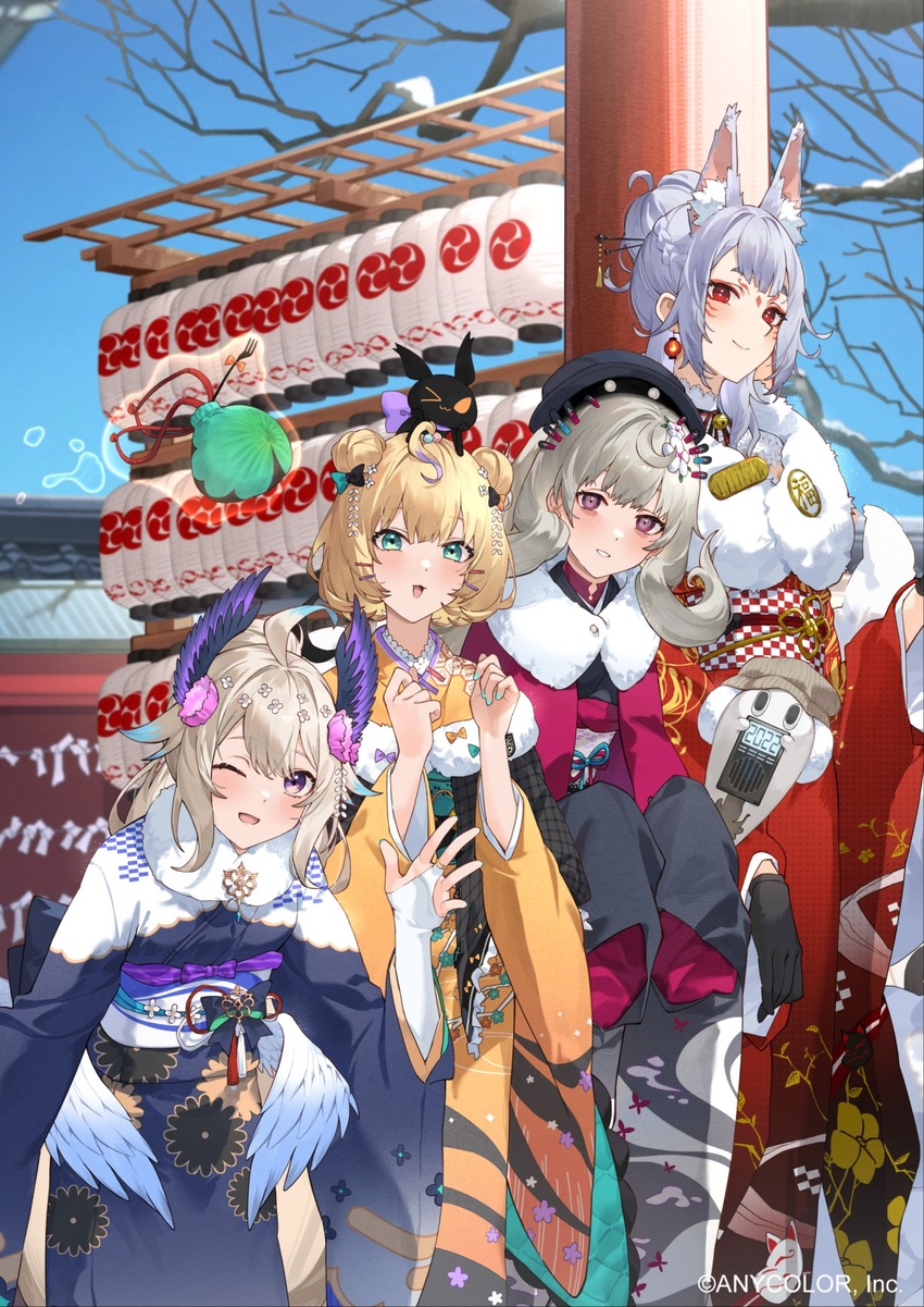 4girls animal_ear_fluff animal_ears animal_on_head black_bow black_headwear black_kimono blush bow cat_on_head double_bun enna_alouette ethyria extra_ears feline fox_ears fox_girl furisode ghost green_bow green_eyes green_nails grey_hair hair_behind_ear hair_bun hairbow head_tilt head_wings highres japanese_clothes kimono lantern leaning_forward lineup looking_at_viewer low_wings lucie_(millie_parfait) millie_parfait multiple_girls nijisanji nijisanji_en nina_kosaka obi official_art on_head one_eye_closed orange_kimono outdoors poppi_(reimu_endou) purple_eyes red_kimono reimu_endou sash short_hair single_hair_bun smile tsukino_(nakajimaseiki) two-tone_bow virtual_youtuber waving wings