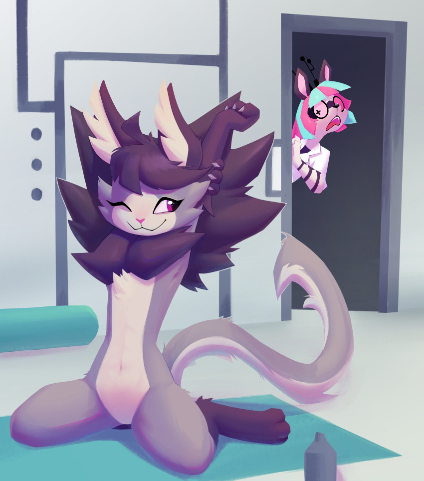 absurd_res anthro domestic_cat duo felid feline felis female floraverse hi_res lily_(floraverse) mammal neon_(floraverse) one_eye_closed senaelik smile stretching wink