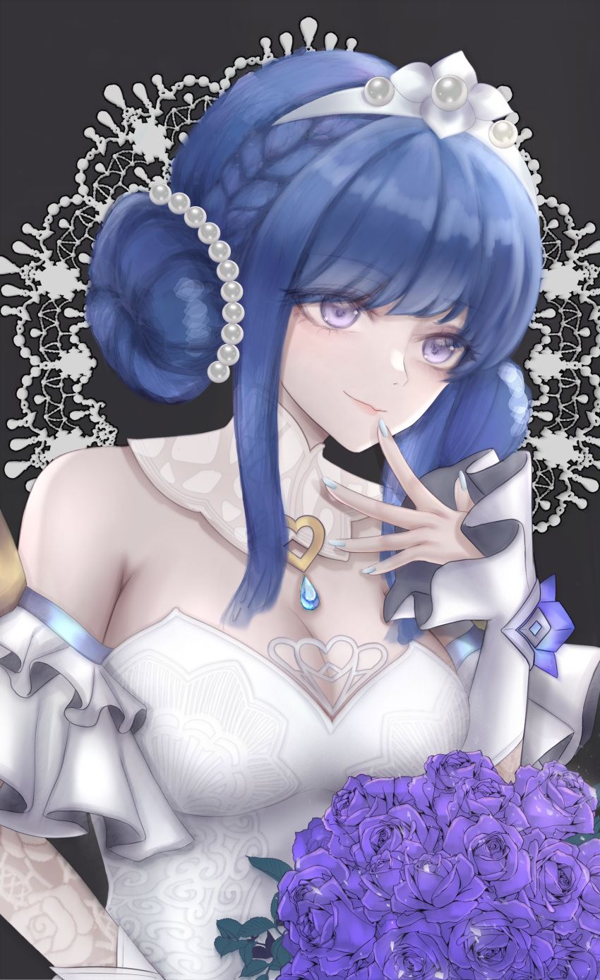 absurdres bare_shoulders black_background blue_eyes blue_flower blue_hair bouquet breasts bride cleavage crystal_rose_sona detached_sleeves double_bun dress female flower green_nails hair_bun heart highres hnnk_buta holding holding_bouquet large_breasts league_of_legends nail_polish smile solo sona_(league_of_legends) upper_body wedding_dress