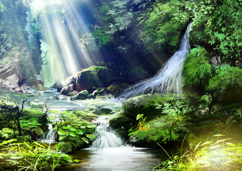 absurdres animal branch commentary_request forest grass highres leaf light light_rays moss nature no_humans original outdoors pajaman perspective plant pond rock scenery stream sunbeam sunlight tree vines water waterfall