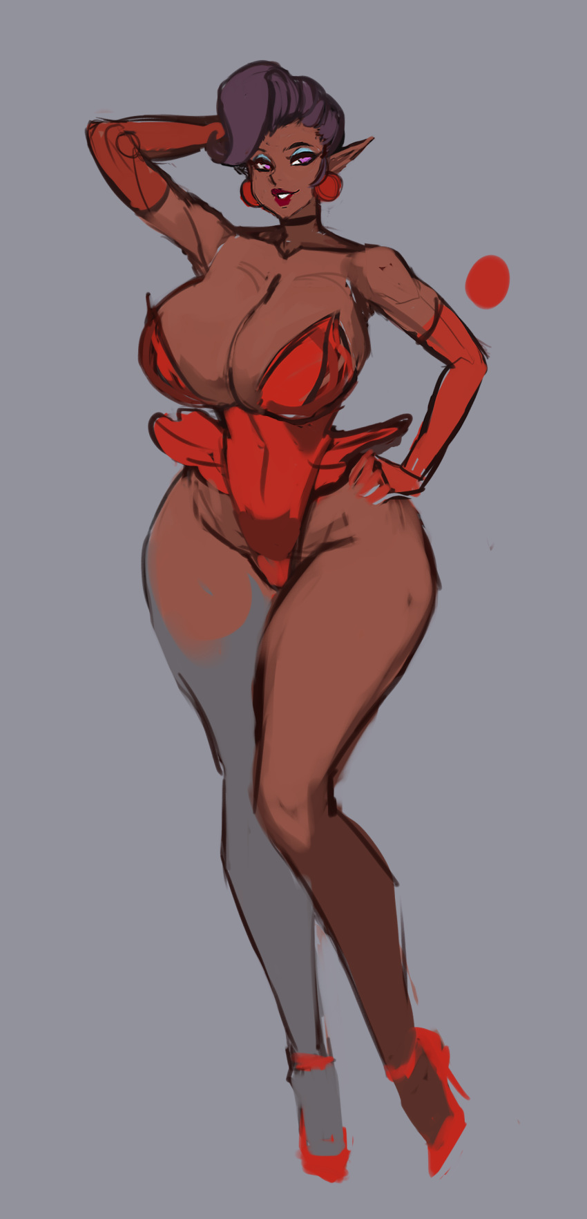 absurd_res big_breasts breasts cleavage clothed clothing dark_body dark_skin elf female footwear grey_background hand_on_hip hi_res high_heels huge_breasts humanoid humanoid_pointy_ears liveforthefunk not_furry shoes simple_background solo vanessa_(liveforthefunk) wide_hips