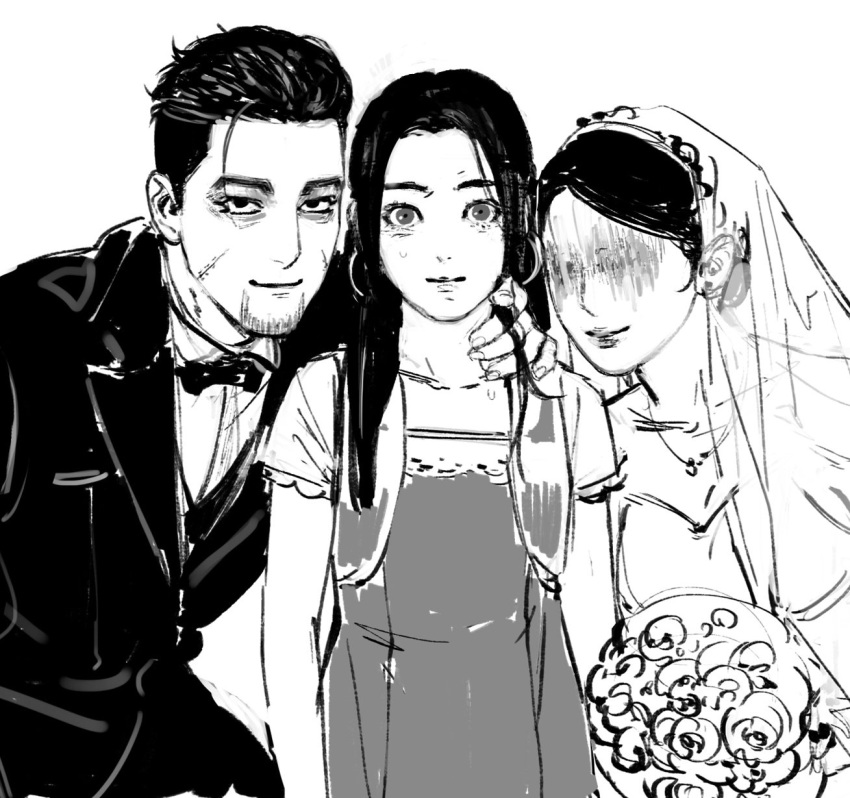 1boy 2girls 4ageum abstract alternate_costume asirpa bad_id bad_twitter_id bouquet bridal_veil bride commentary_request dress earrings golden_kamuy greyscale groom hair_slicked_back hair_strand hand_on_another's_neck highres hoop_earrings horror_(theme) inactive_account jewelry korean_commentary long_hair monochrome multiple_girls no_eyes ogata_hyakunosuke scar scar_on_cheek scar_on_face scared tuxedo veil wedding_dress