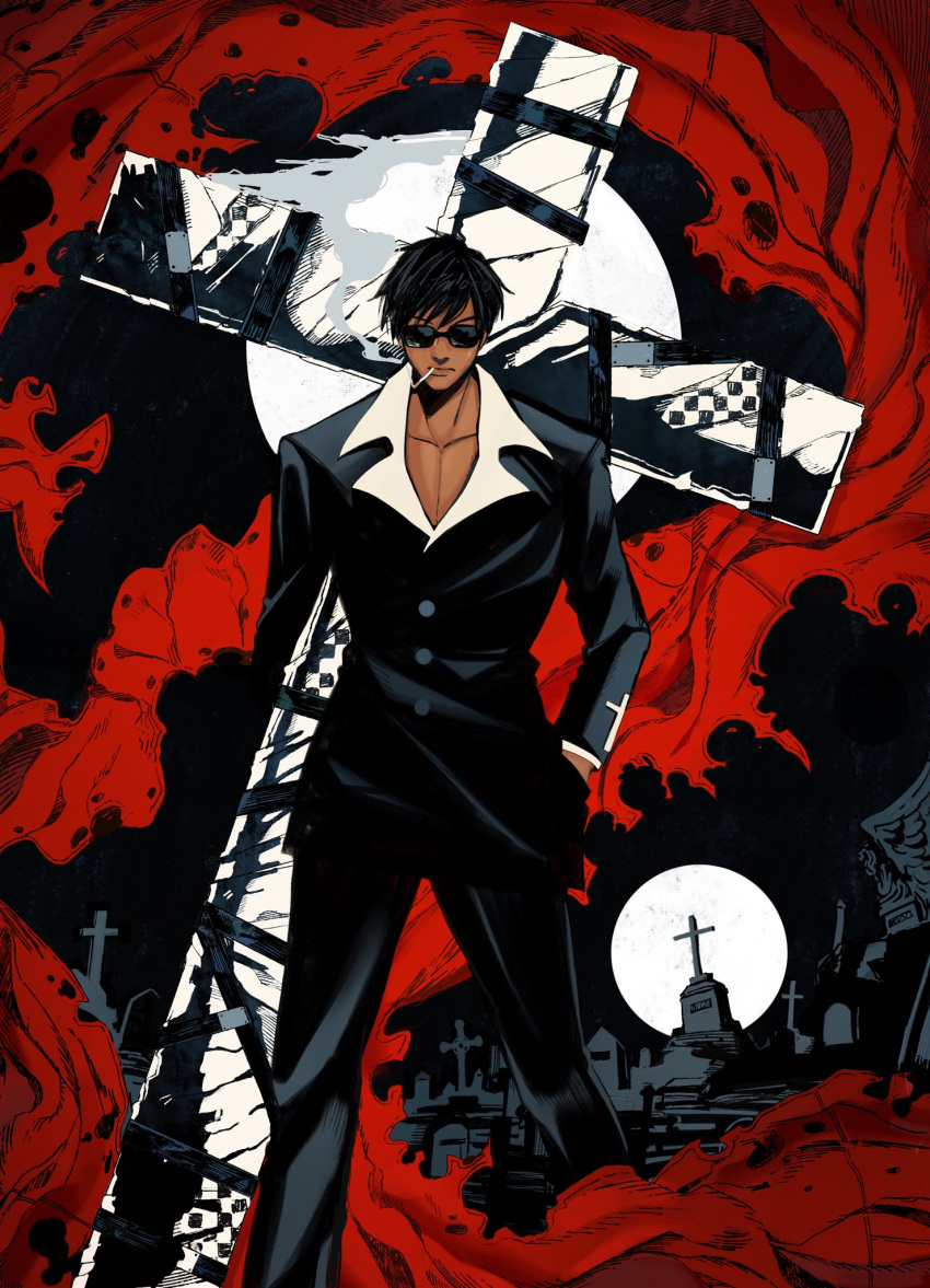 1boy black_hair black_pants black_sky cross dark-skinned_male dark_skin full_moon graveyard highres moon nicholas_d._wolfwood pants pimientosdulces short_hair smoke smoking sunglasses tombstone trigun