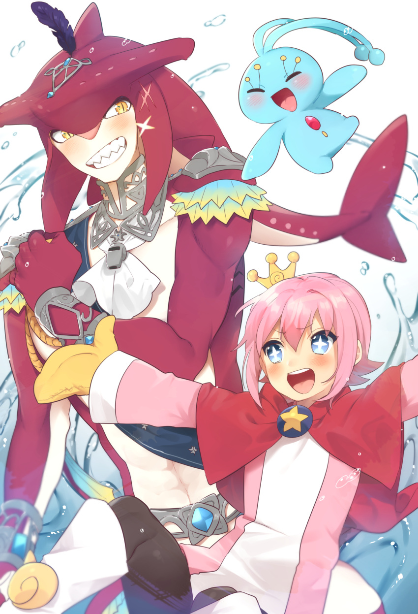 2boys :d antennae blue_eyes blush boots closed_eyes colored_skin crossover crown feather_hair_ornament feathers fish_boy grin hair_ornament hand_up highres jewelry knee_boots male_focus manaphy mittens monster_boy multiple_boys multiple_crossover ocean_prince pink_hair pink_shirt pointy_ears pokemon pokemon_(creature) puyopuyo puyopuyo_fever red_skin salde_canarl_shellbrick_iii sharp_teeth shirt sidon simple_background smile sparkle teeth the_legend_of_zelda the_legend_of_zelda:_breath_of_the_wild tongue trait_connection ttanuu. upper_teeth_only water white_background white_footwear zora