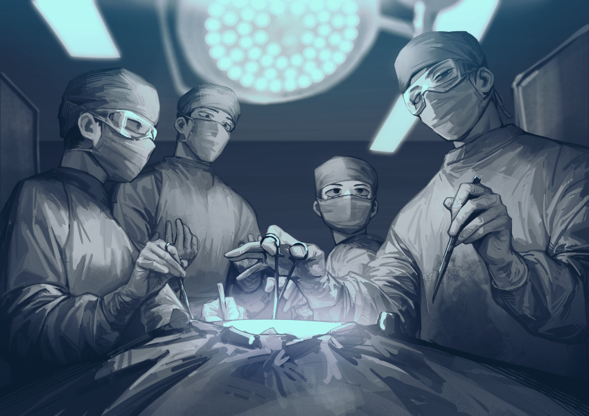 4boys absurdres alternate_costume blue_theme chino1048 doctor ekubo_(mob_psycho_100) gloves glowing goggles hands_up highres holding hospital indoors kageyama_shigeo looking_at_another looking_at_viewer looking_down looking_to_the_side male_focus mask medical_scrubs mob_psycho_100 monochrome mouth_mask multiple_boys reigen_arataka rubber_gloves scalpel serizawa_katsuya surgeon surgery surgical_light surgical_mask surgical_scissors