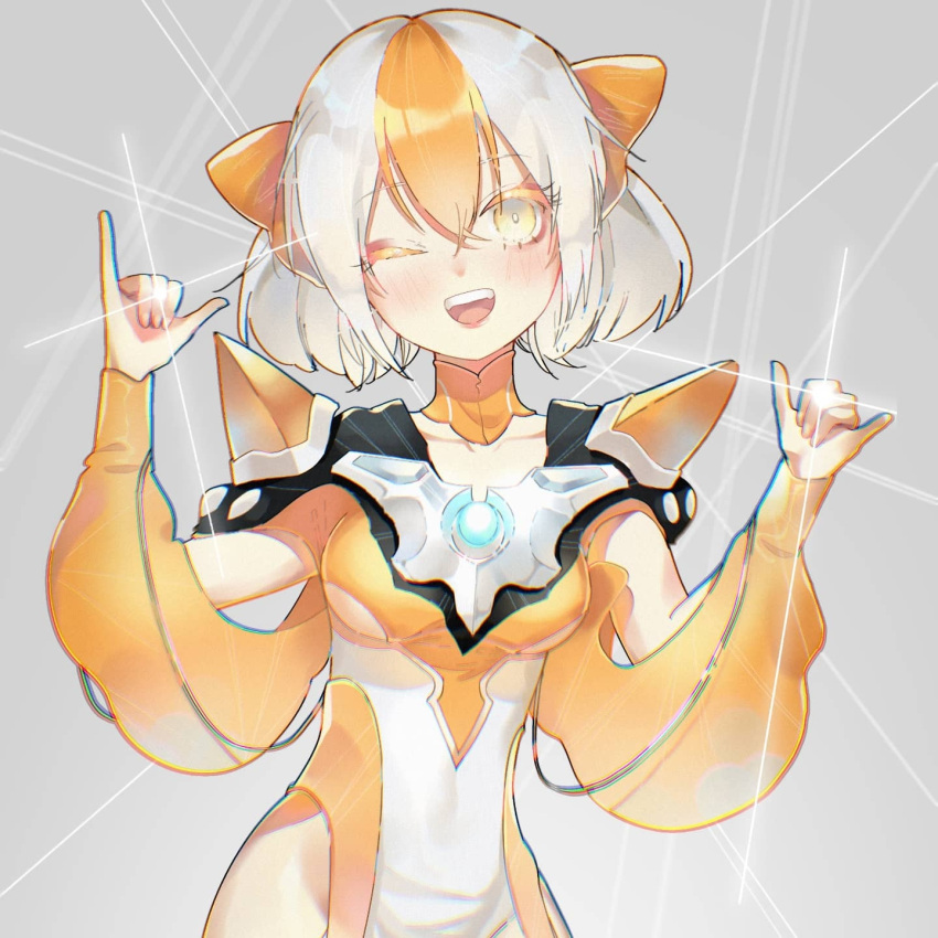 \m/ arm_cutout breasts covered_navel double_\m/ dress female fumiko_(yayayale23) highres looking_at_viewer medium_breasts multicolored_hair one_eye_closed orange_dress orange_hair personification smile solo streaked_hair tokusatsu two-tone_dress ultra_series ultraman_r/b ultrawoman_grigio white_dress white_hair yellow_eyes