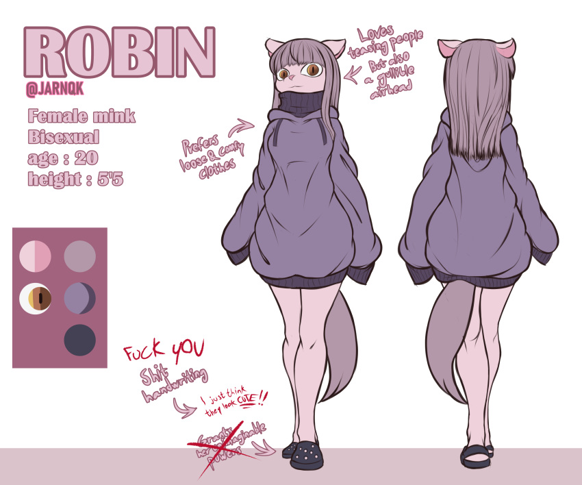 6:5 absurd_res anthro clothing crocs digital_media_(artwork) english_text female footwear fur hi_res hime_cut hoodie jarnqk looking_at_viewer mammal mink model_sheet mustelid musteline pink_body pink_fur pink_nose profanity robin_(jarnqk) solo standing text topwear true_musteline