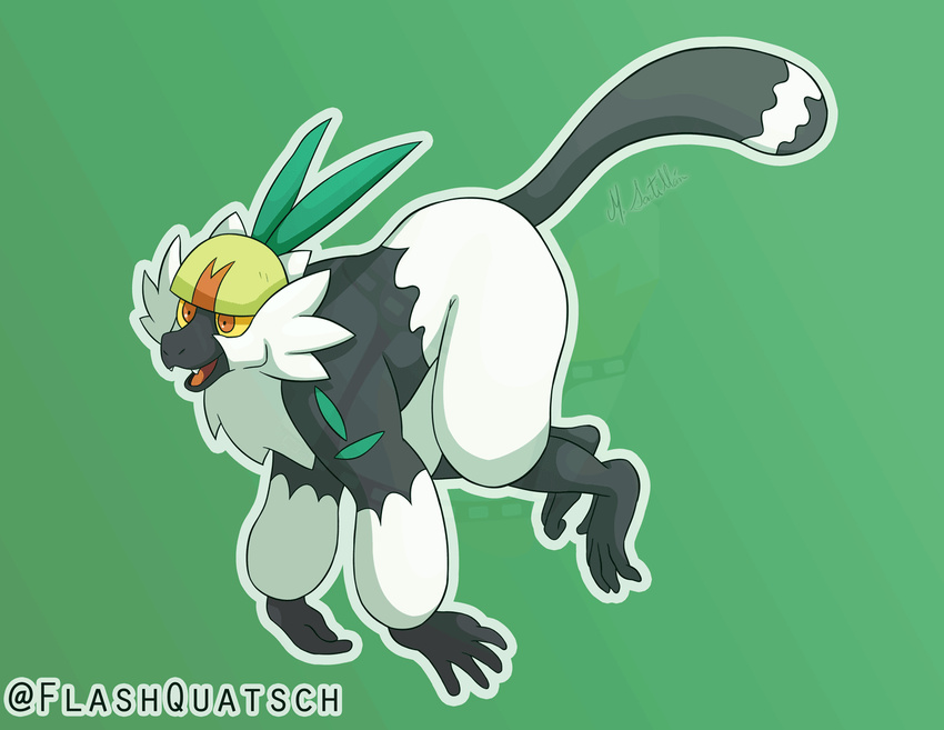 5_fingers 5_toes ambiguous_gender armor fangs feet fingers flashquatsch fur generation_7_pokemon green_background headgear helmet multicolored_body multicolored_fur nintendo orange_eyes passimian pokemon pokemon_(species) simple_background solo tail teeth toes