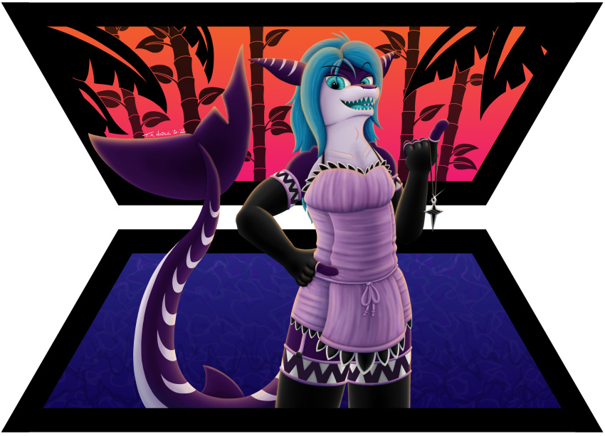 alpha_channel anthro armwear bamboo black_clothing blue_eyes blue_hair blue_mouth clothed clothing crossdressing fingerless_gloves fish gloves hair hand_on_hip handwear hi_res holding_jewelry holding_object jewelry kal_(world3nder) legwear long_tail male marine palm_frond pendant purple_body purple_clothing shark sharp_teeth showing_teeth signature solo stripes tail teeth tim_hodle