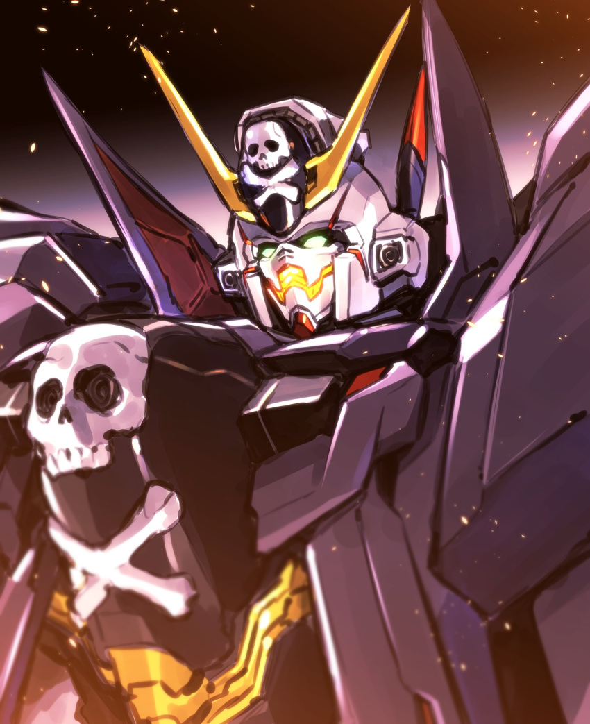 commentary crossbone_gundam crossbone_gundam_x-1 crossbone_gundam_x-1_full_cloth embers glowing glowing_eyes green_eyes gundam highres ishiyumi mecha mobile_suit no_humans open_mouth robot science_fiction skull_and_crossbones solo upper_body v-fin