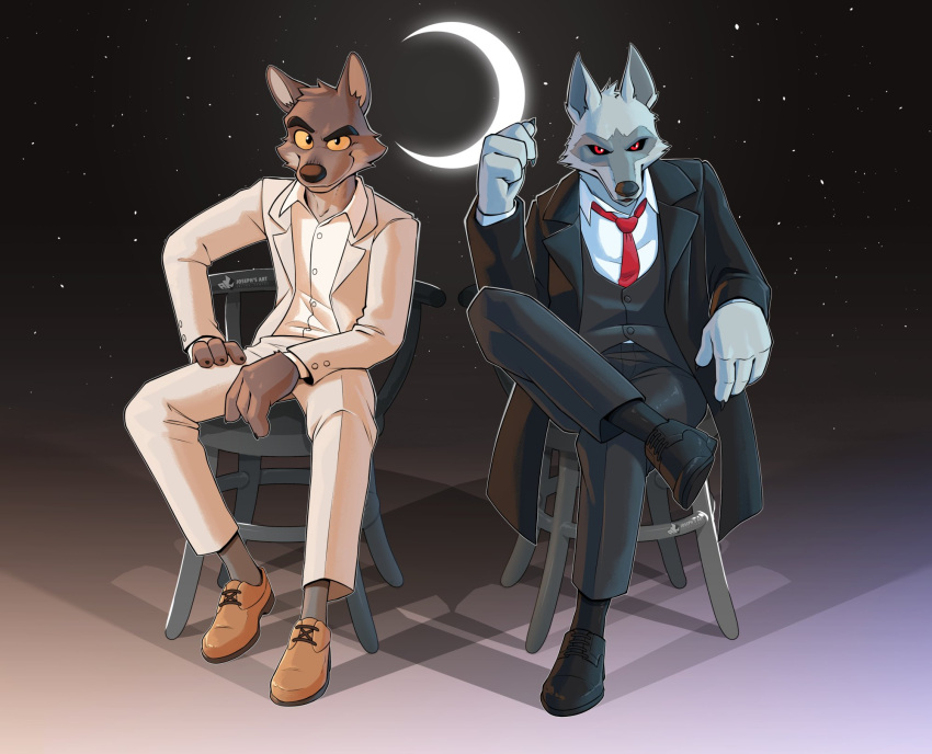 anjing_kampuss anthro black_clothing black_sclera black_suit brown_body brown_fur canid canine canis chair clothed clothing crescent_moon crossed_legs crossover death_(puss_in_boots) digital_media_(artwork) dreamworks dress_shirt dress_shoes duo footwear fur furniture grey_body grey_fur hi_res looking_at_viewer male male/male mammal moon mr._wolf_(the_bad_guys) necktie on_chair puss_in_boots_(dreamworks) red_eyes red_necktie shirt shoes sitting sitting_on_chair sky smile socks star starry_sky suit suit_jacket suit_pants the_bad_guys topwear vest white_clothing white_suit wolf yellow_eyes yellow_sclera