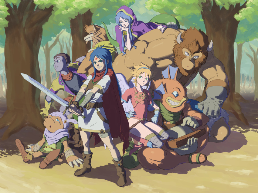 2girls 6+boys armor blonde_hair blue_eyes blush bracelet breath_of_fire breath_of_fire_i builder_(breath_of_fire) buresuobu cape closed_mouth danc deis elbow_gloves everyone facial_mark feathered_wings forehead_mark full_body gilliam_(breath_of_fire_i) gloves green_eyes hairband highres holding holding_sword holding_weapon hood horns jewelry leotard long_hair manillo mogu_(breath_of_fire) multiple_boys multiple_girls nina_(breath_of_fire_i) red_leotard ryuu_(breath_of_fire_i) short_hair smile sword tree weapon white_wings wings