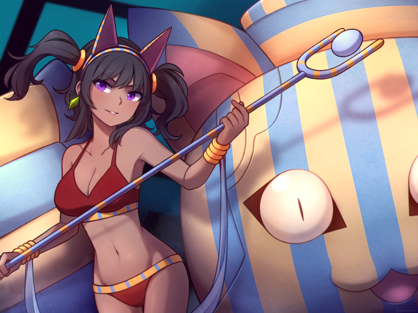 :3 animal_ears bare_shoulders bikini black_hair bracelet breasts cat_ears collarbone commentary cowboy_shot crystal_earrings dark-skinned_female dark_skin earrings english_commentary female groin hairband head_tilt holding holding_staff jewelry looking_at_viewer medium_breasts navel pandora_(rabi-ribi) parted_lips purple_eyes rabi-ribi red_bikini smile speckticuls staff stomach swimsuit twintails