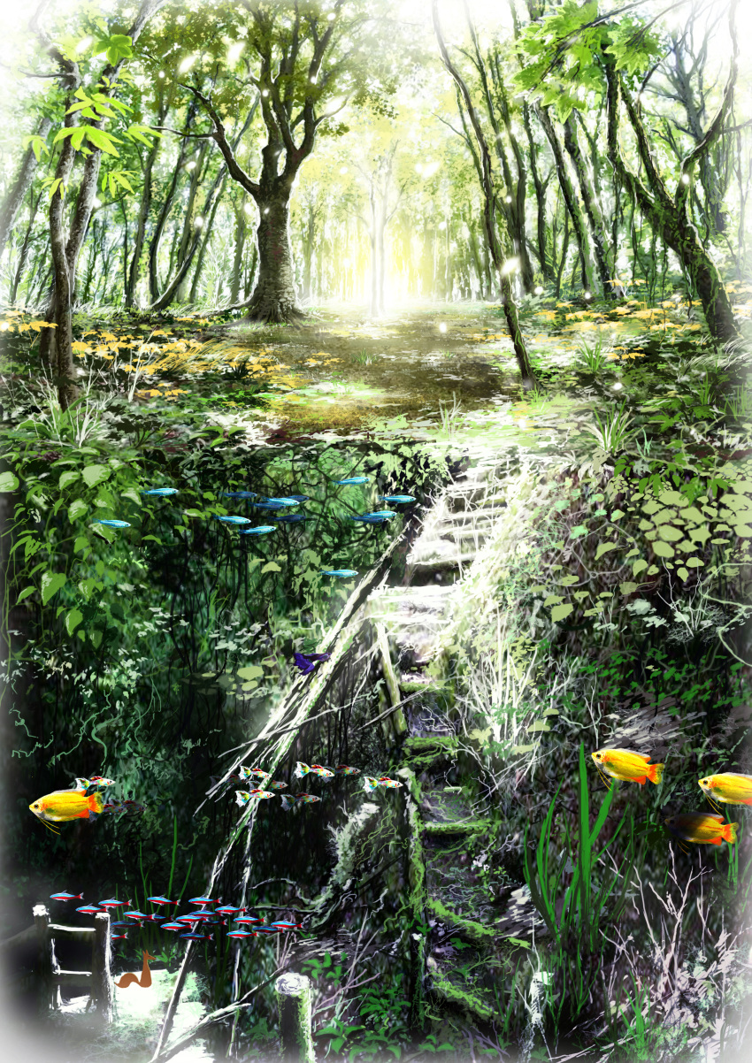 absurdres animal bare_tree branch commentary_request dappled_sunlight fish forest goldfish grass highres ladder light light_particles moss nature no_humans original outdoors pajaman plant pond scenery seaweed shadow sky stairs sunlight transparent tree vines water