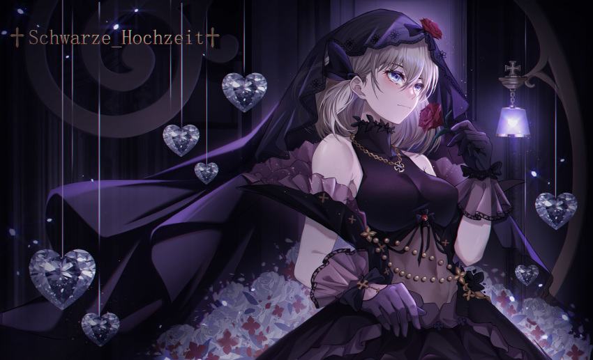 333_(pixiv8601259) absurdres azur_lane bare_shoulders black_dress black_gloves blue_eyes blush bow breasts bridal_veil commentary_request cross dress female flower frills gloves highres holding holding_flower iron_cross jewelry necklace official_alternate_costume photoshop_(medium) red_flower red_rose rose short_hair smile solo turtleneck turtleneck_dress veil wedding_dress z23_(azur_lane) z23_(schwarze_hochzeit)_(azur_lane)