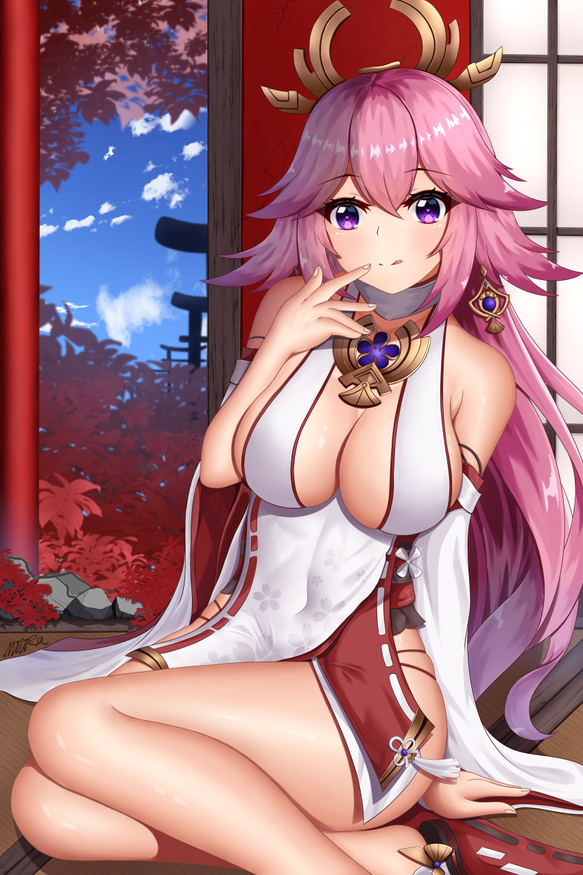 :q absurdres bare_shoulders breasts cleavage closed_mouth commentary_request covered_navel crossed_bangs detached_sleeves female genshin_impact hair_ornament heart heart-shaped_pupils highres japanese_clothes large_breasts legs long_sleeves looking_at_viewer milira pink_hair purple_eyes revision sideboob sitting smile symbol-shaped_pupils thighs tongue tongue_out wide_sleeves yae_miko