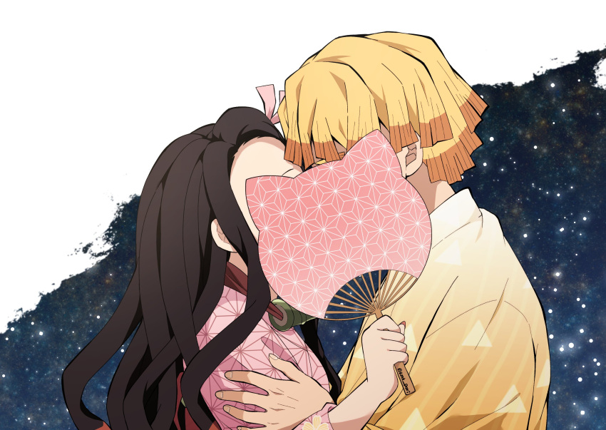 1boy agatsuma_zenitsu asa_no_ha_(pattern) bad_id bad_twitter_id bamboo black_hair blonde_hair couple covering_face female hair_ornament hair_ribbon hand_fan haori highres japanese_clothes kamado_nezuko kimetsu_no_yaiba kimono kissing long_hair looking_at_viewer multicolored_hair pink_kimono pink_ribbon pori_(kmt_pori) ribbon straight twitter_username very_long_hair